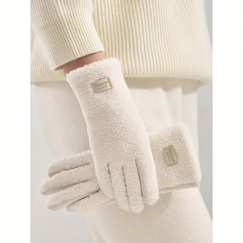 Gants fourrure femme effet teddy blanc cassé portés, poignet long