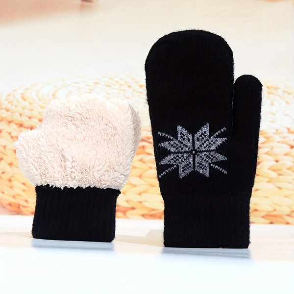 Moufle femme noir en polaire, motif fleur octogonale
