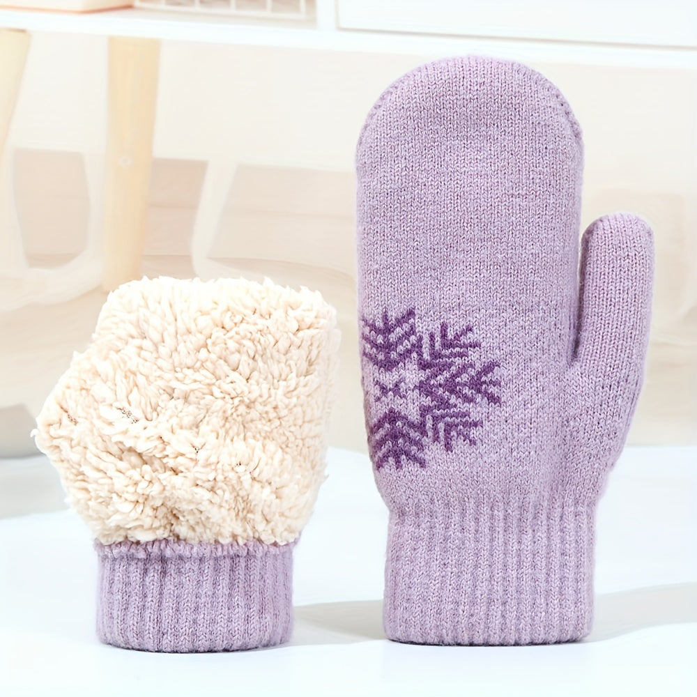 Moufle femme violet clair en velours, motif flocon de neige