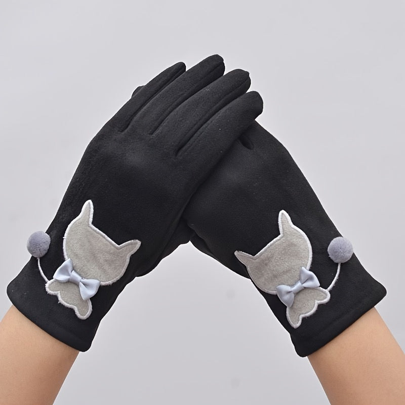 Gants femme noirs en suédine, motif chat gris clair et pompon