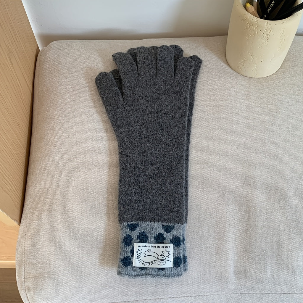 Gant long femme gris, manchette grise à pois bleu marine