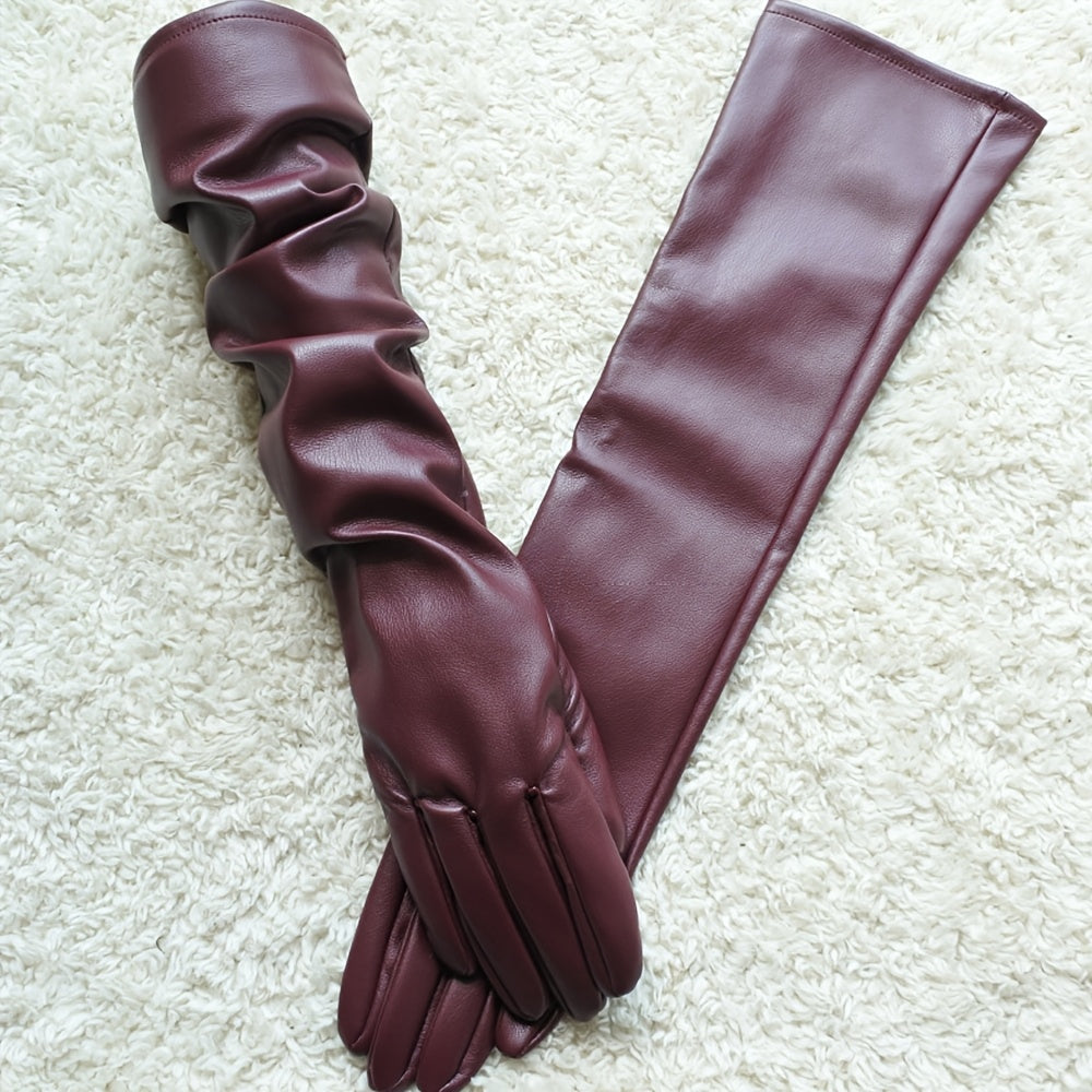 Gants longs femme effet cuir, posés à plat, coloris bordeaux