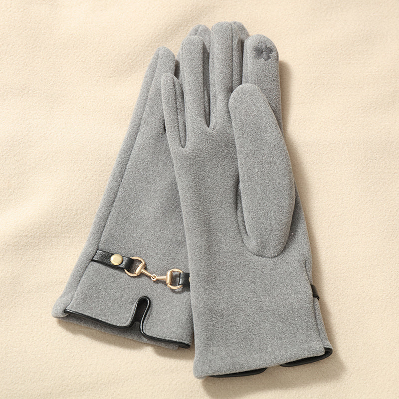 Gants femme gris à bride contrastée et mors métal doré au poignet