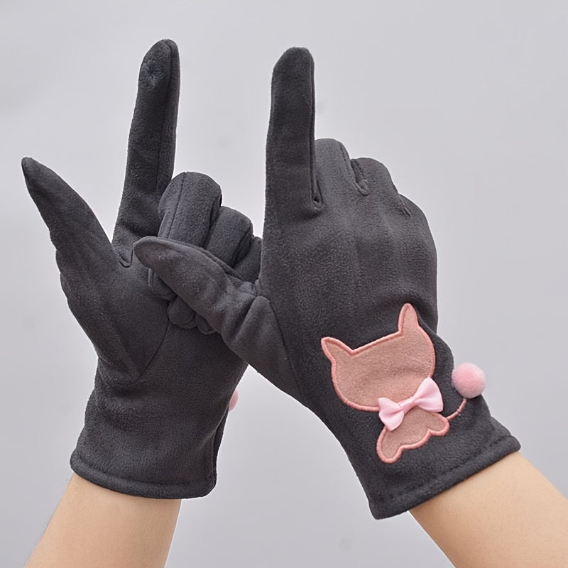 Gants femme gris foncé en suédine, motif chat rose et pompon