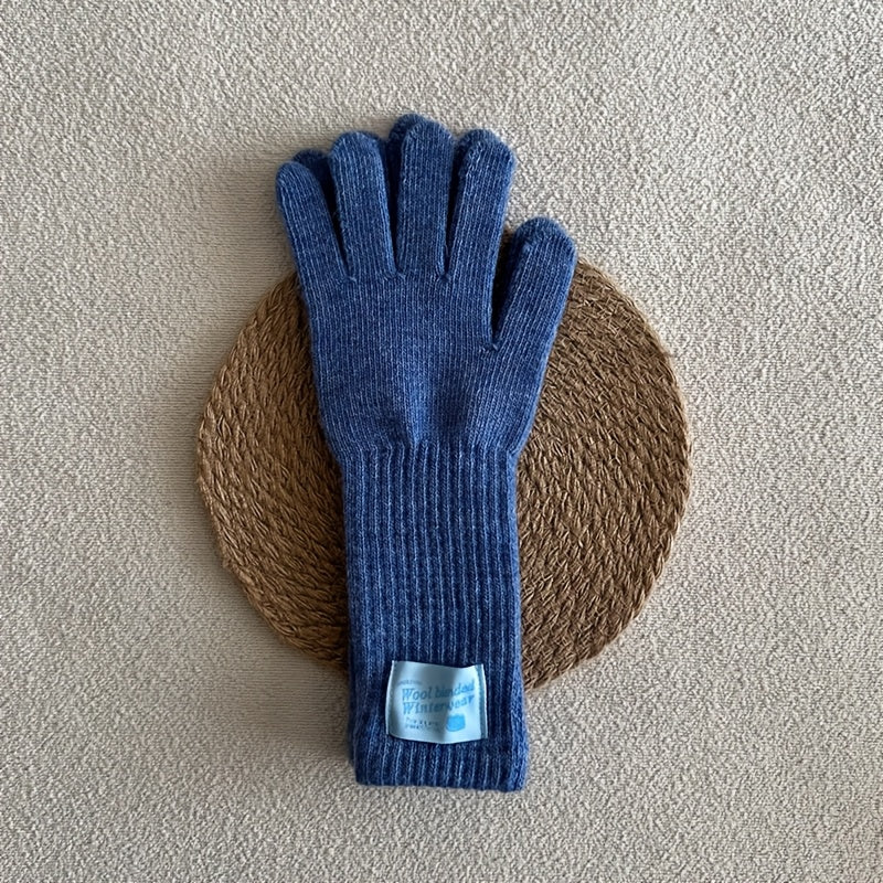 Gant femme long bleu foncé en laine, cinq doigts