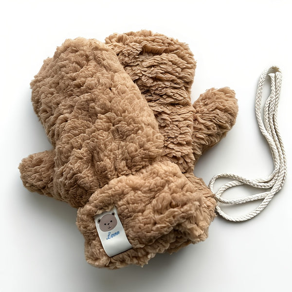 Moufle femme forme ourson kaki, avec cordon