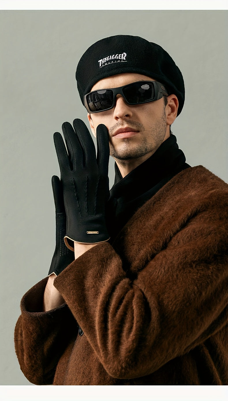 Gants unisexe noirs portés avec un manteau marron
