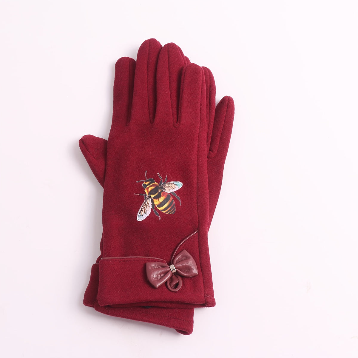 Gant femme bordeaux peluche, motif abeille brodé