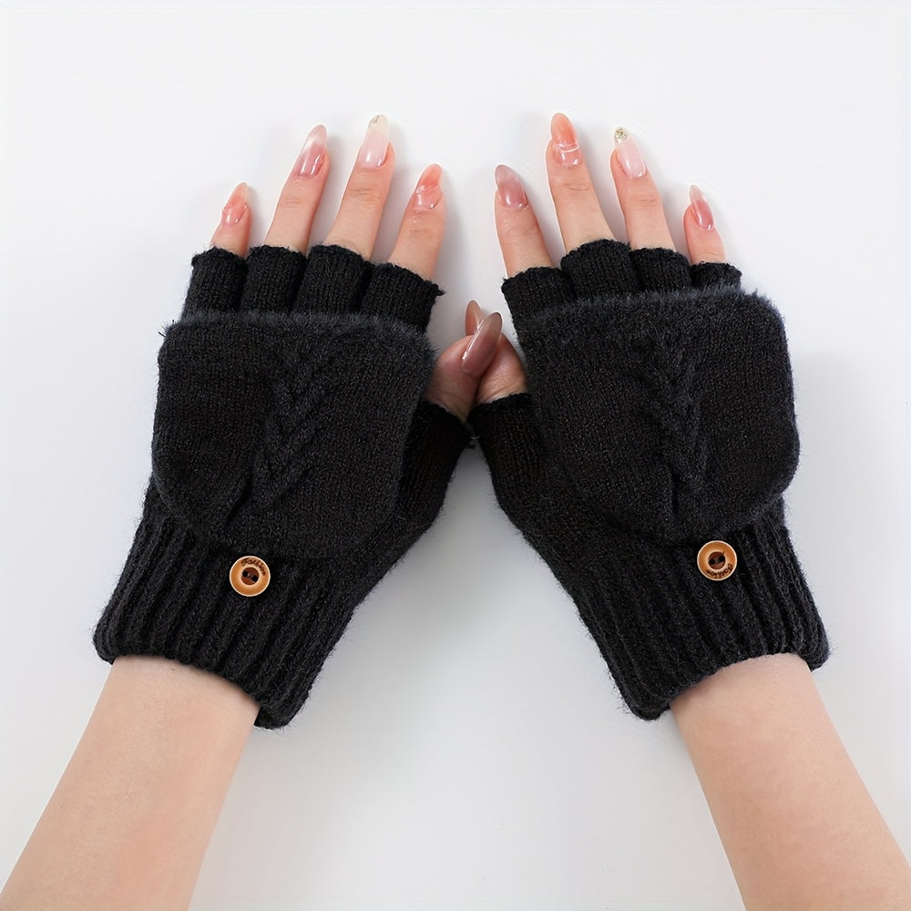 Mitaine femme convertible noire, portée avec rabat fermé