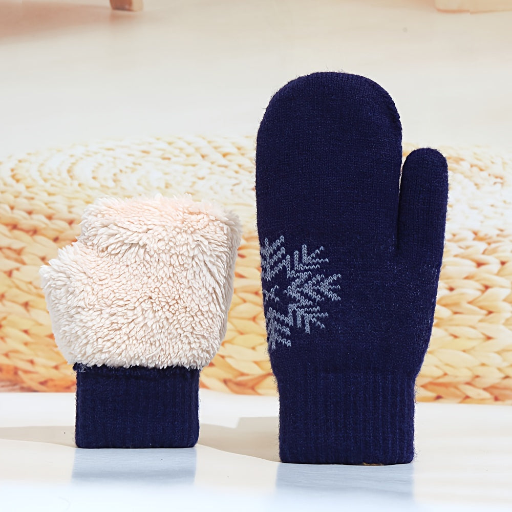 Moufle femme bleu marine en velours, motif flocon de neige