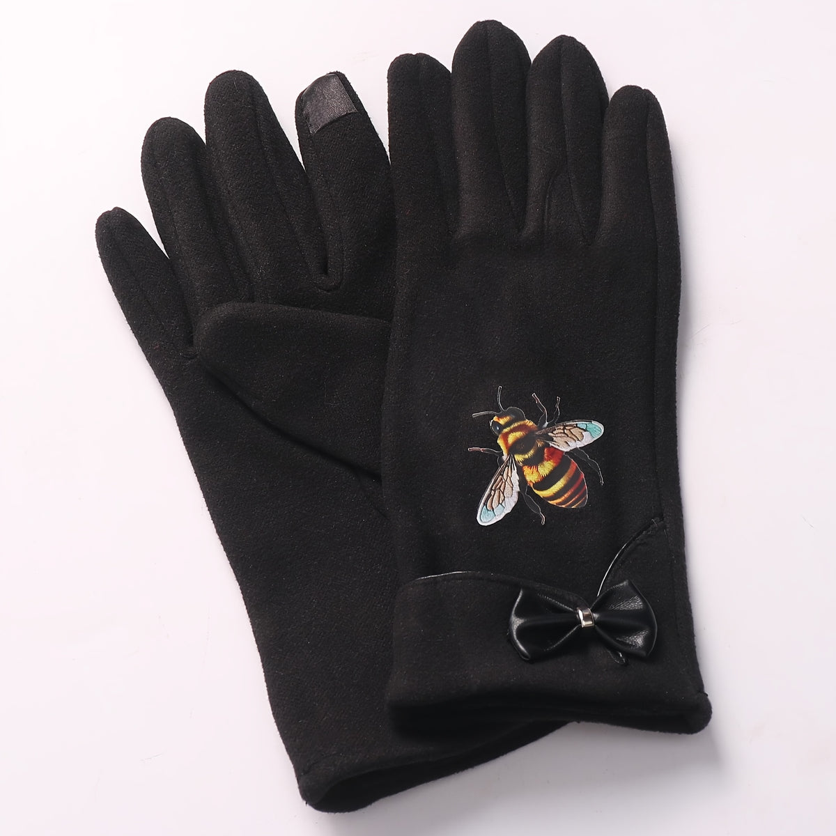 Gant femme noir peluche, motif abeille brodé