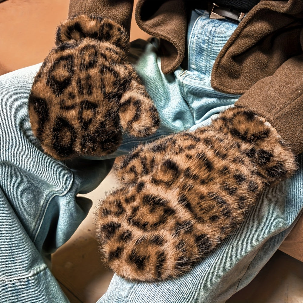 Moufle femme fausse fourrure imprimé léopard, portée