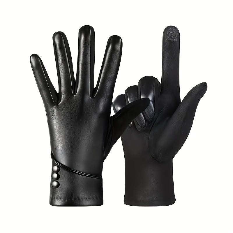 Gants cuir femme noirs, vue portée avec smartphone