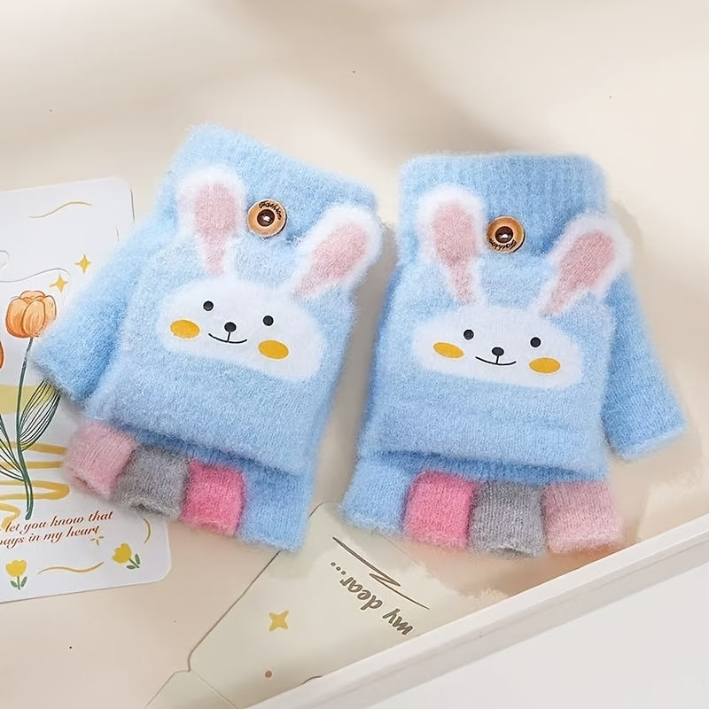Gants enfant coloris bleu, motif lapin et cœur