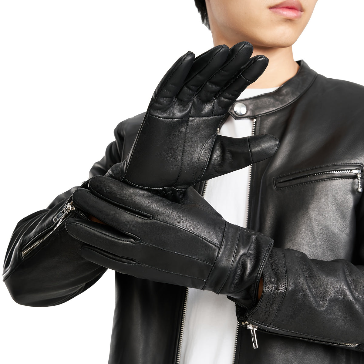 Gants homme cuir noir, vue portée