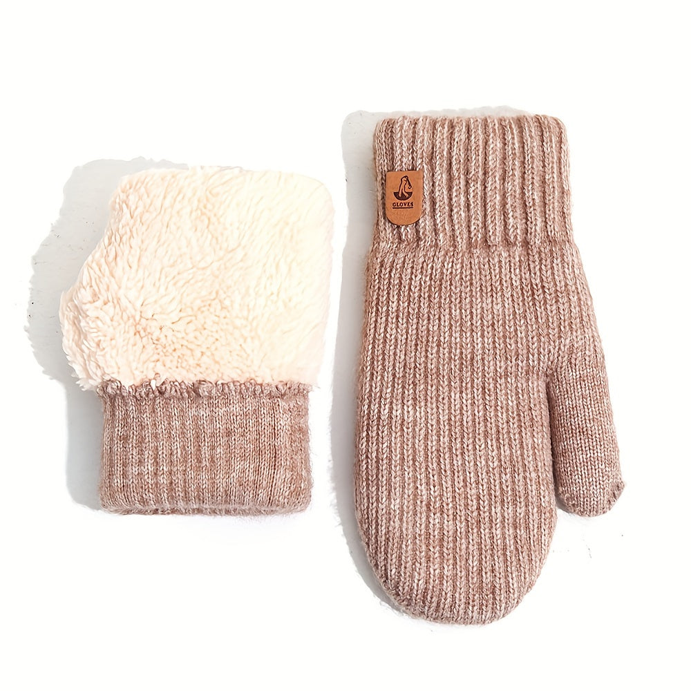 Moufle femme chameau-rouge rayée, double épaisseur