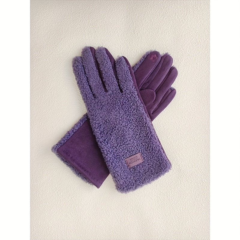 Paire de gants fourrure femme effet teddy violets, paume aspect suède