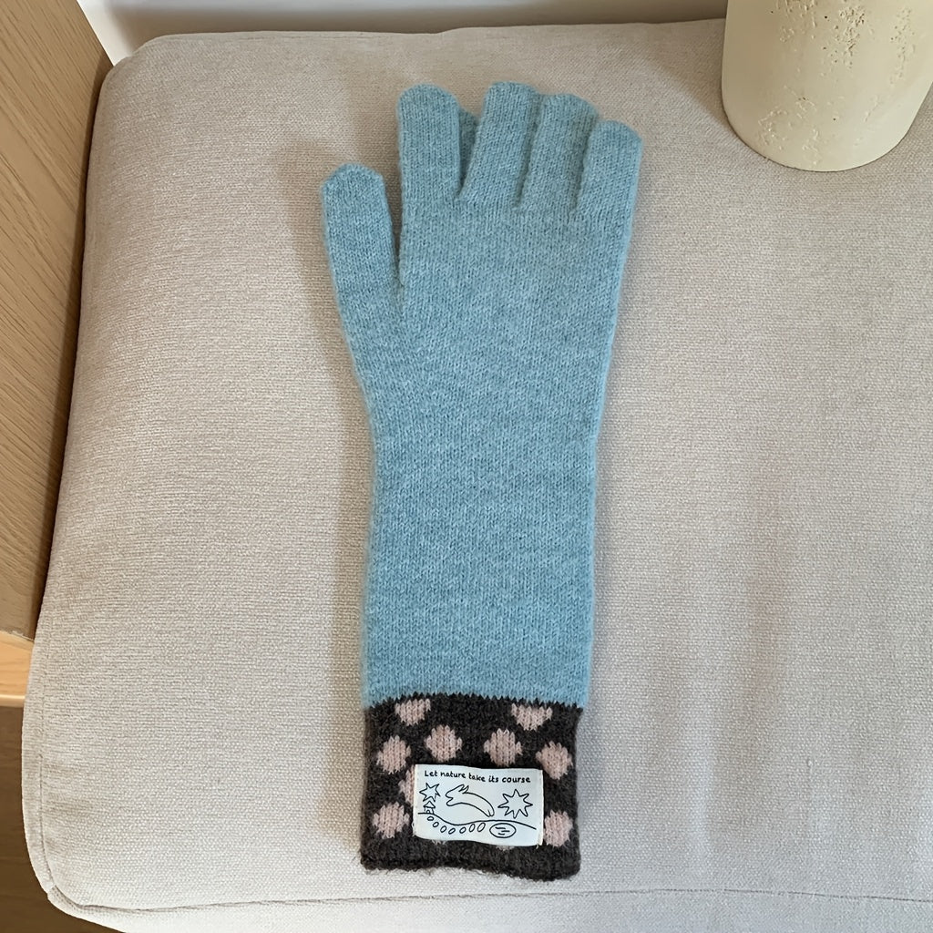 Gant long femme bleu turquoise, manchette marron à pois roses