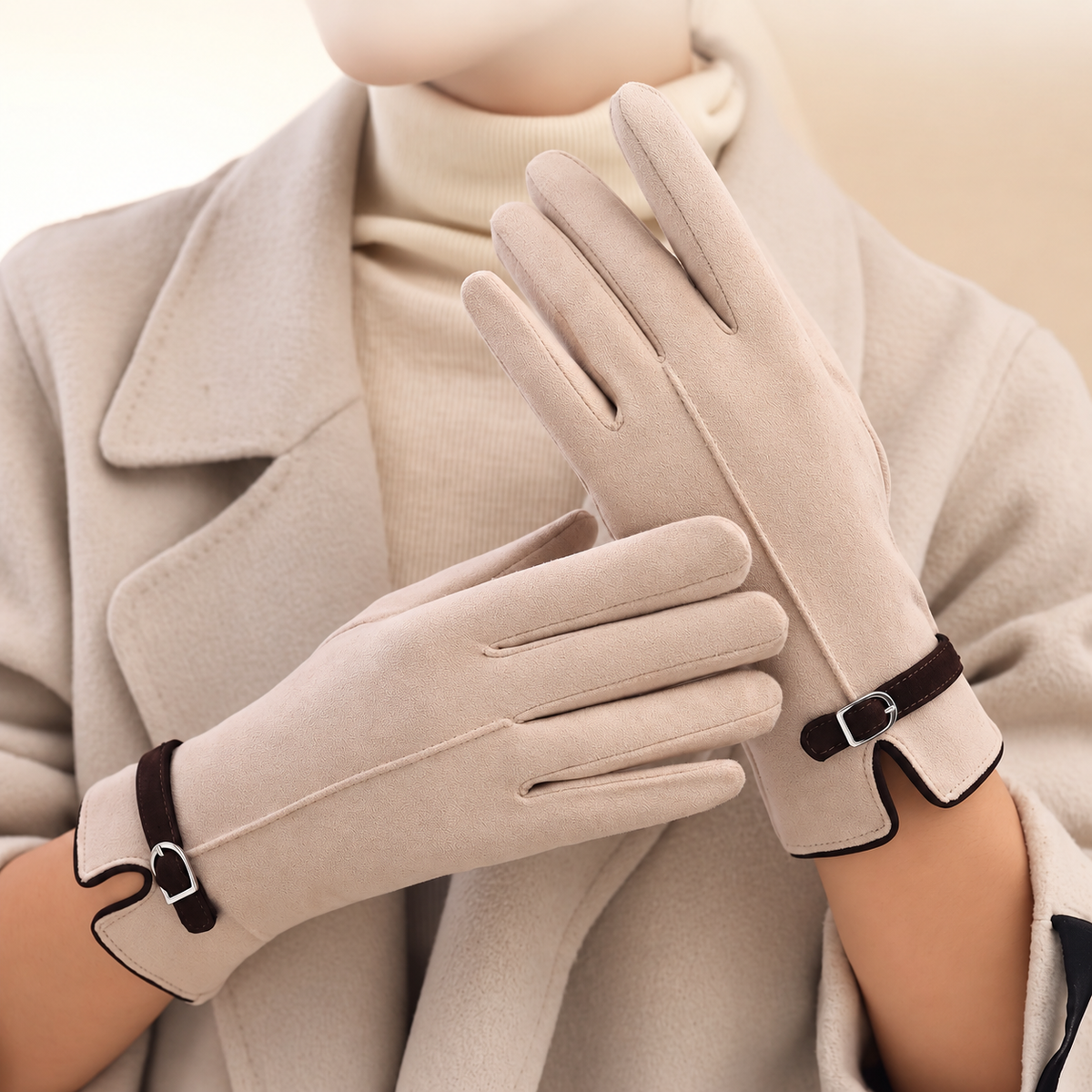 Gants classiques femme beige portés, patte à boucle chocolat au poignet fendu