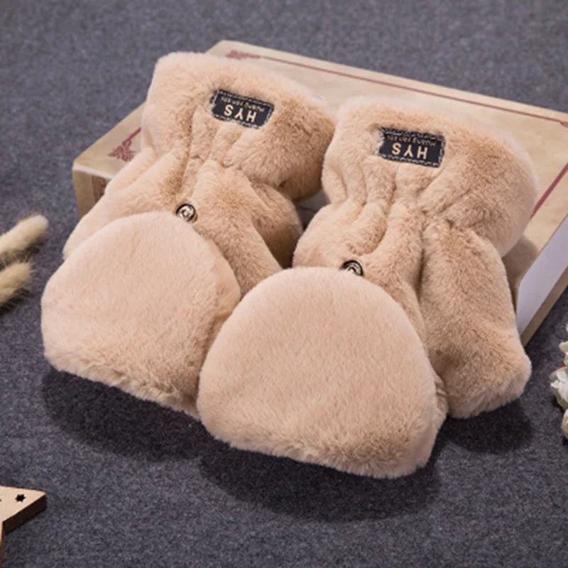 Mitaine femme camel en peluche, sans doigts