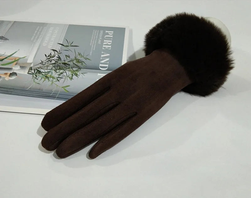 Gants femme suédine brun foncé, revers fausse fourrure et nœud