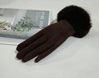 Gants femme suédine brun foncé, revers fausse fourrure et nœud
