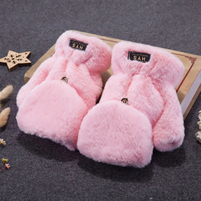 Mitaine femme rose en peluche, sans doigts