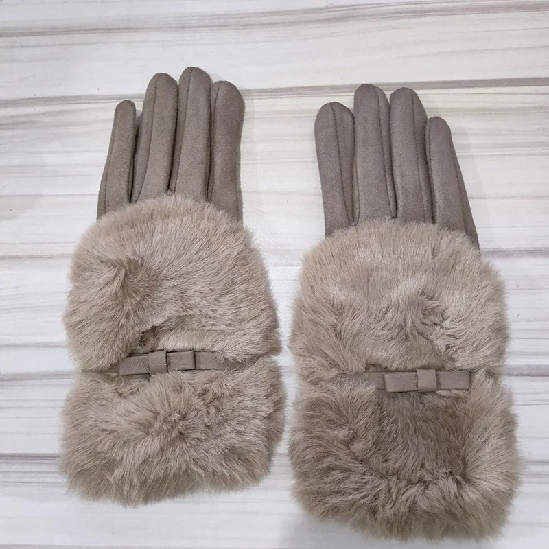 Gant femme taupe en suédine, revers fausse fourrure