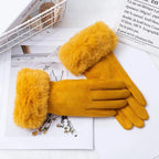 Gants femme suédine coloris jaune moutarde, bordure fourrure assortie