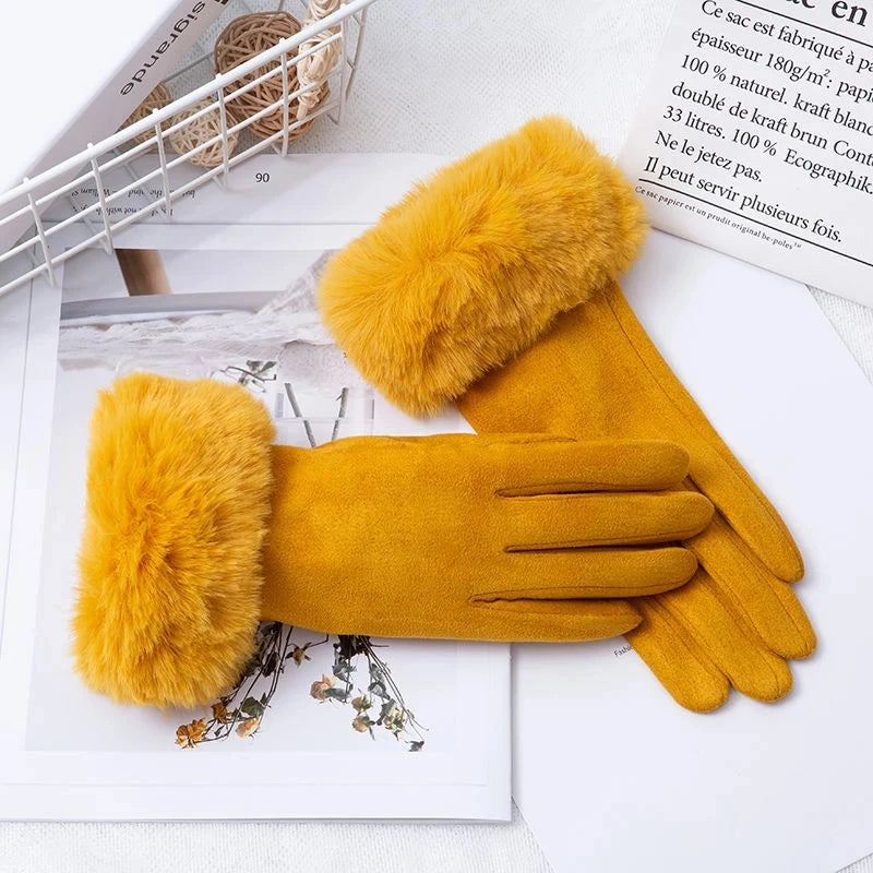 Gants femme suédine coloris jaune moutarde, bordure fourrure assortie