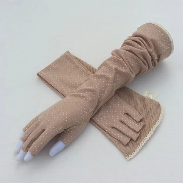 Gant femme long camel anti-UV, vue de face