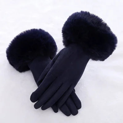 Gants femme suédine, coloris bleu marine, bordure fourrure