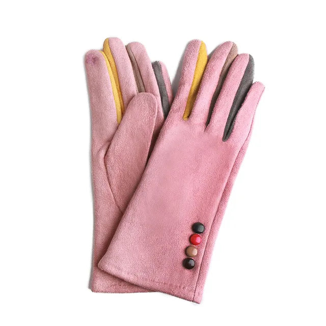 Gants femme suédine mauve, revers fausse fourrure et nœud