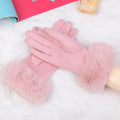 Gants femme suédine rose, revers fausse fourrure et nœud