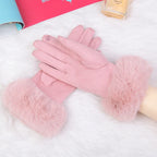Gants femme suédine rose, revers fausse fourrure et nœud