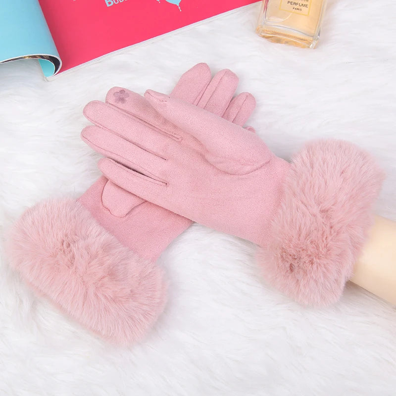 Gants femme suédine rose, revers fausse fourrure et nœud