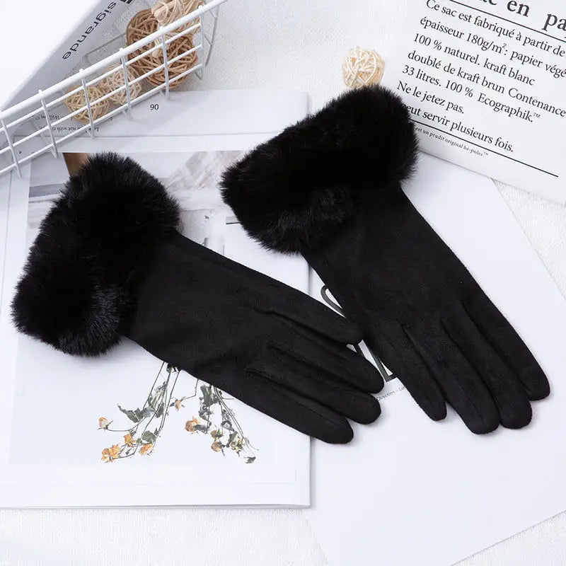Gants femme suédine, coloris noir, bordure fourrure
