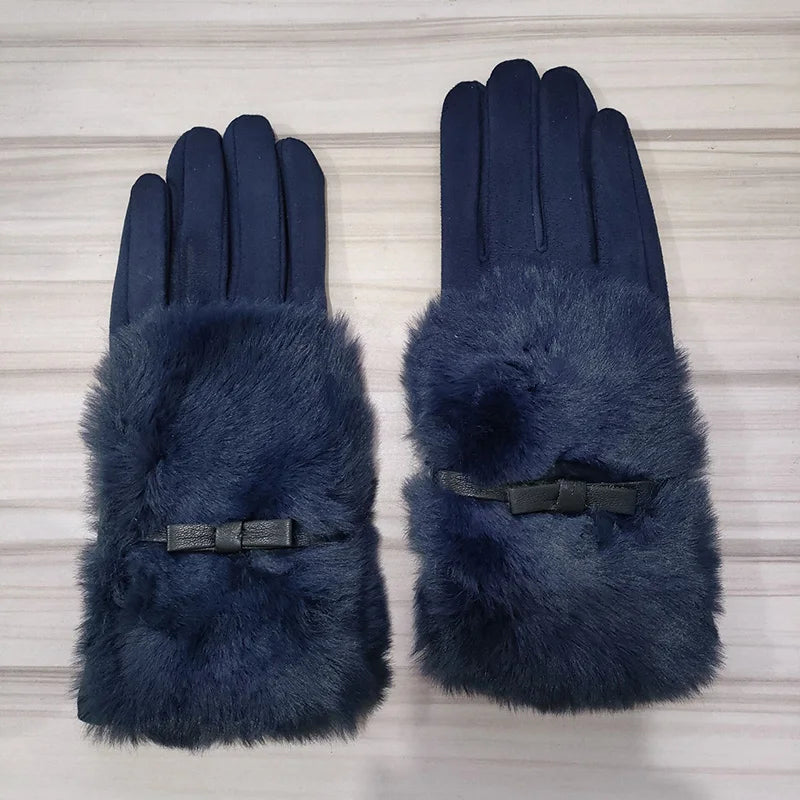 Gant femme bleu marine en suédine, revers fausse fourrure