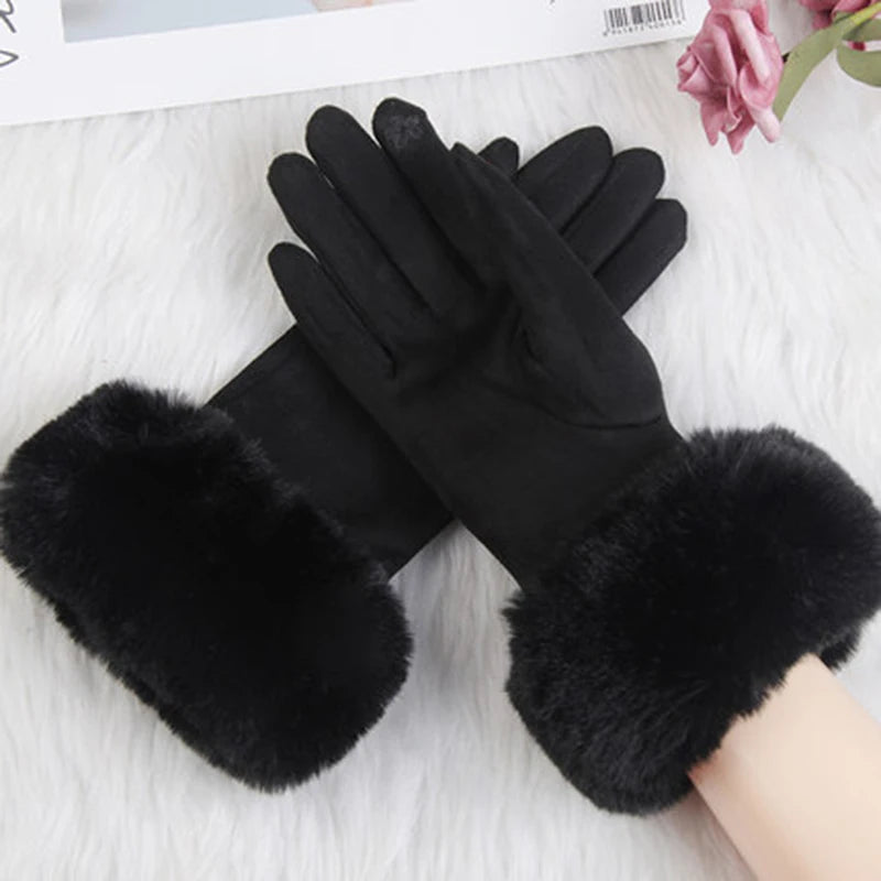 Gants femme suédine noir, revers fausse fourrure et nœud