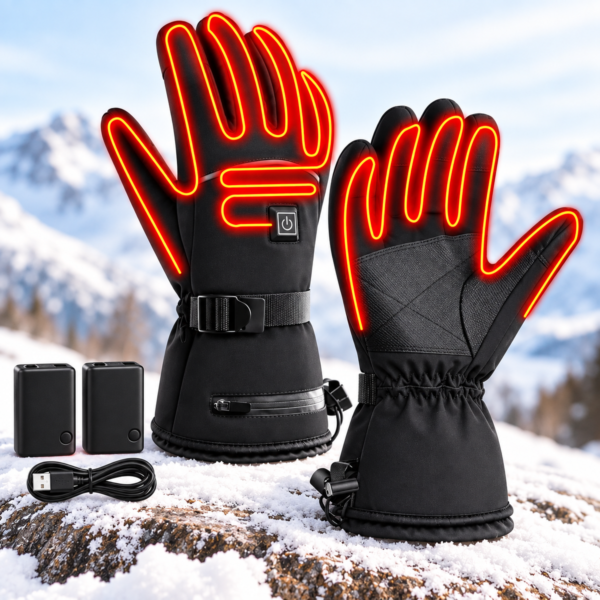 Gants chauffants noirs, schéma des zones de chauffe