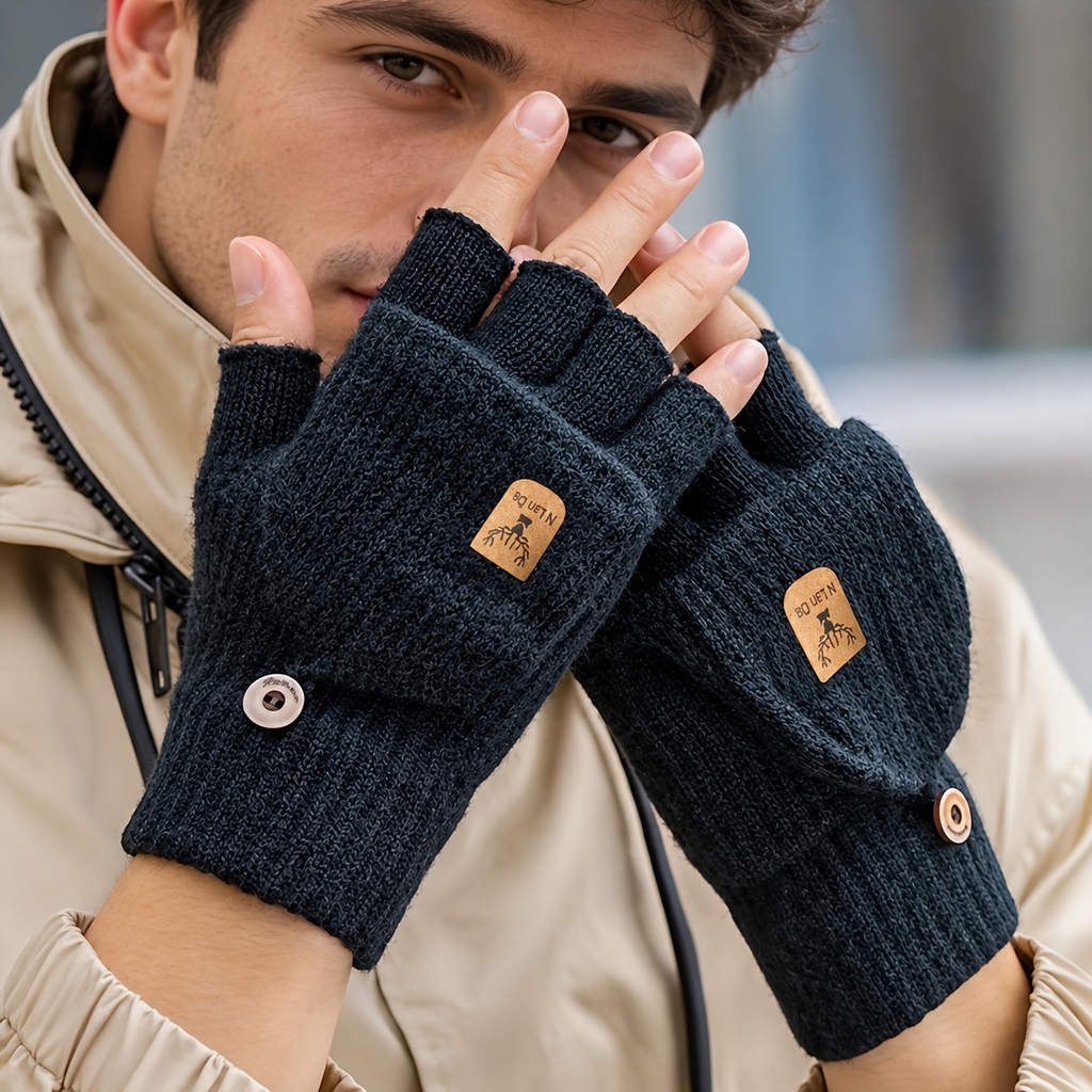 Mitaine homme noire mi-doigts, rabat convertible boutonné