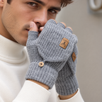 Mitaine homme gris clair mi-doigts, rabat convertible et bouton