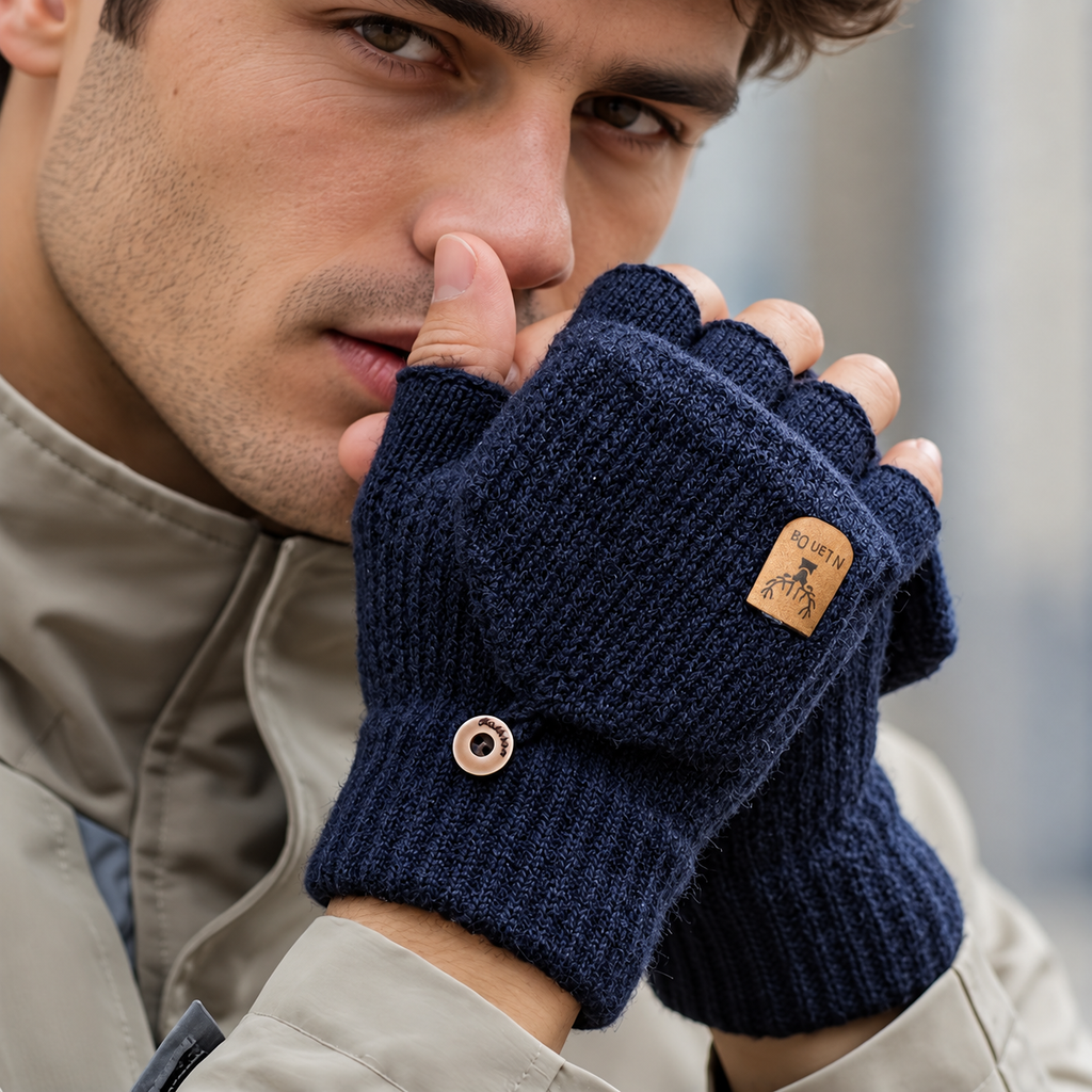 Mitaine homme bleu marine, mi-doigts avec rabat convertible