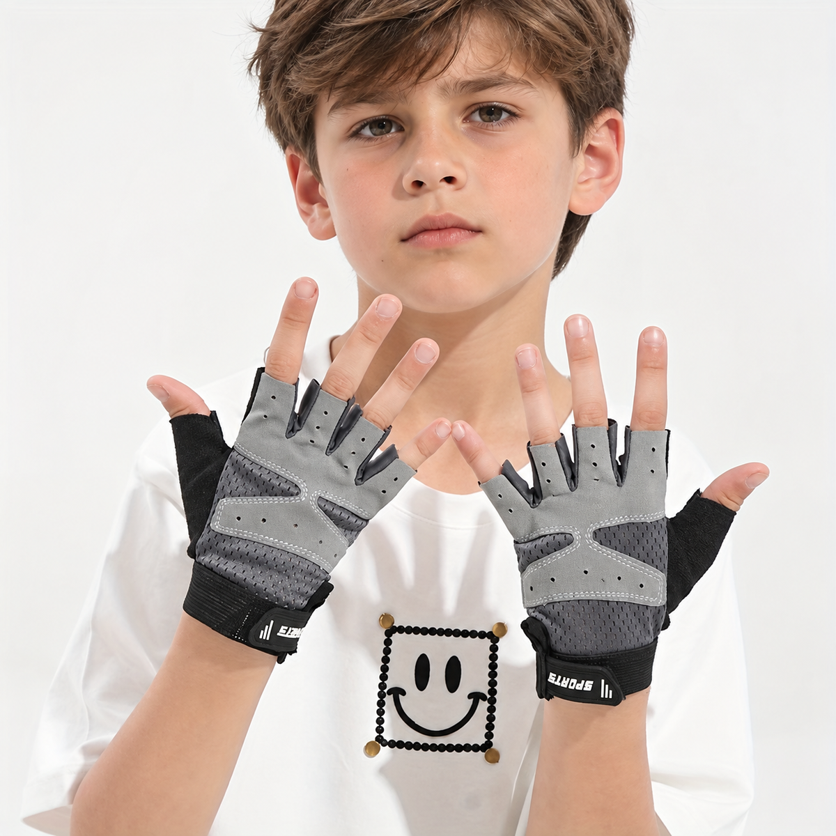 Gants enfant demi-doigts coloris gris, portés pour le sport