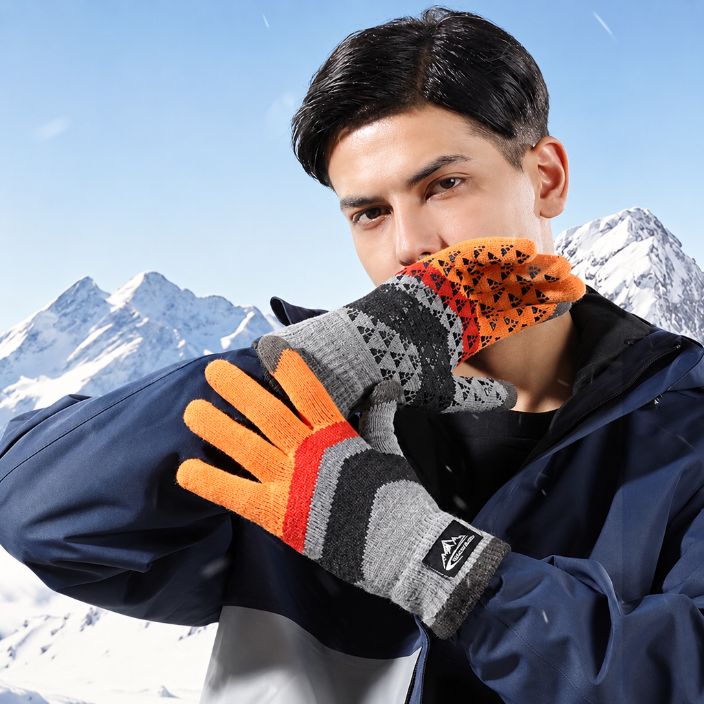 Gants homme orange et gris, motif tissé, portés en extérieur