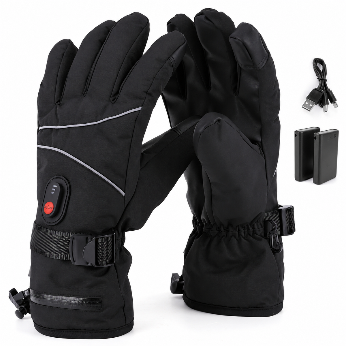 Gants chauffants noirs livrés avec câble USB et deux batteries