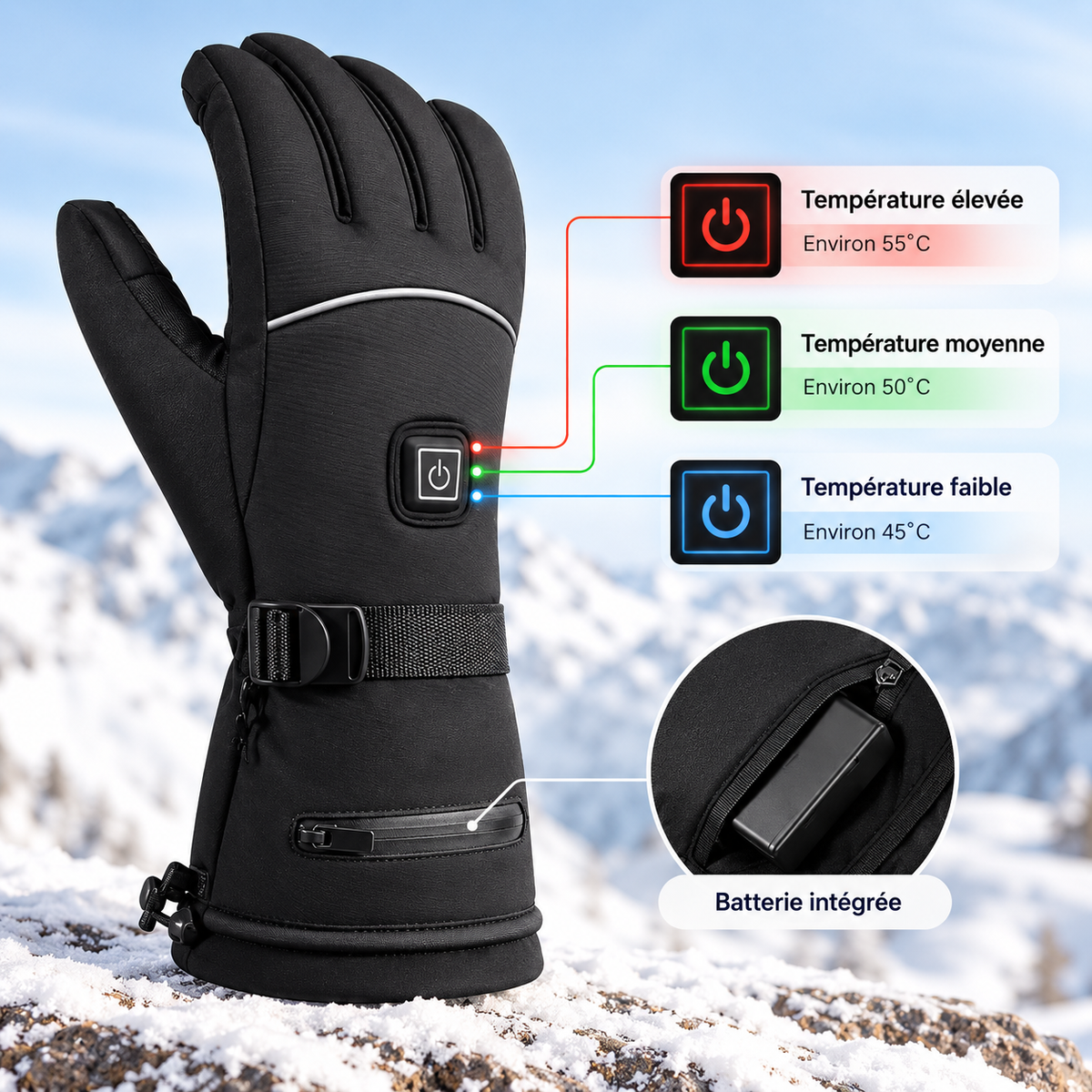 Gants chauffants, trois niveaux de température et batterie intégrée