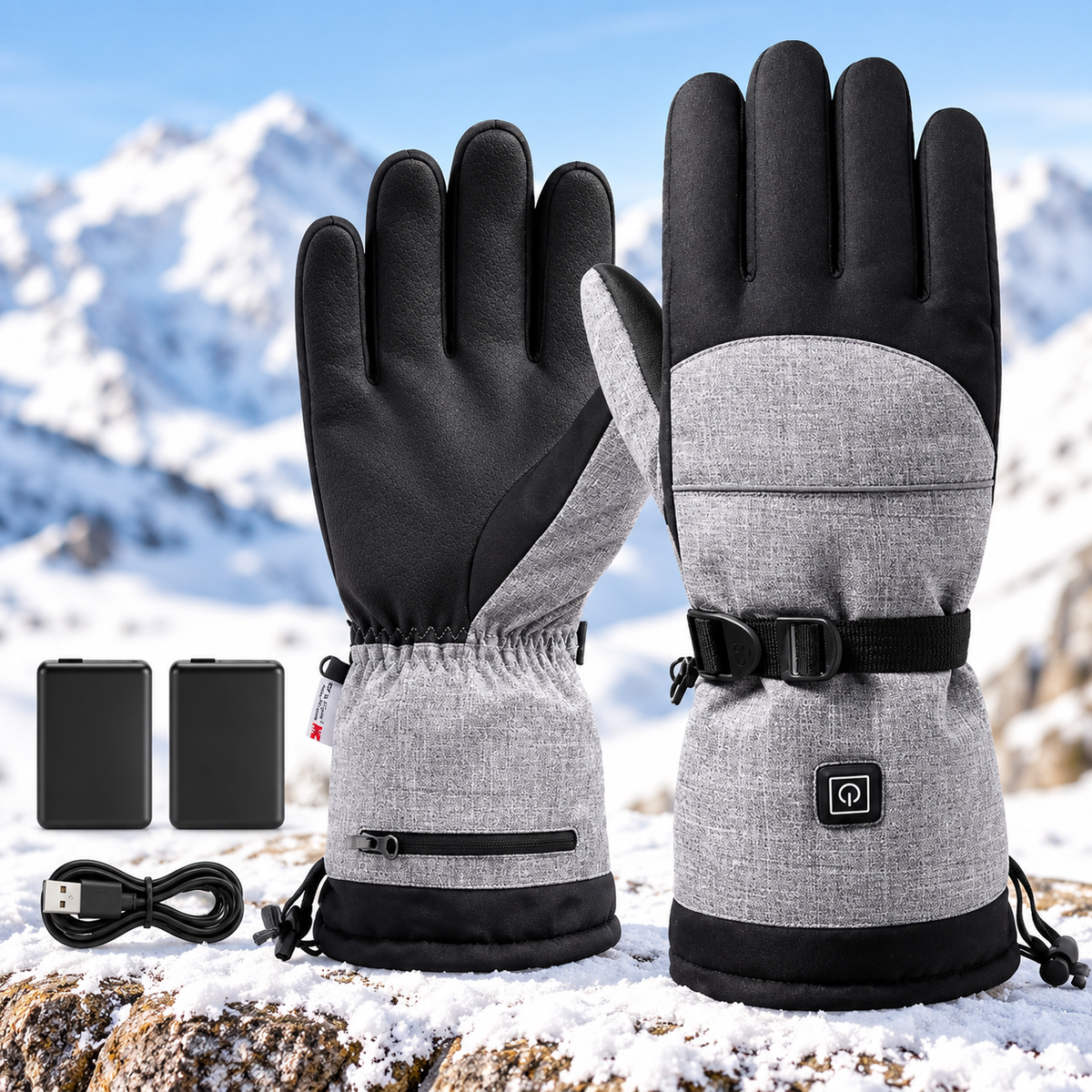 Gants chauffants gris chiné avec batteries et câble de charge