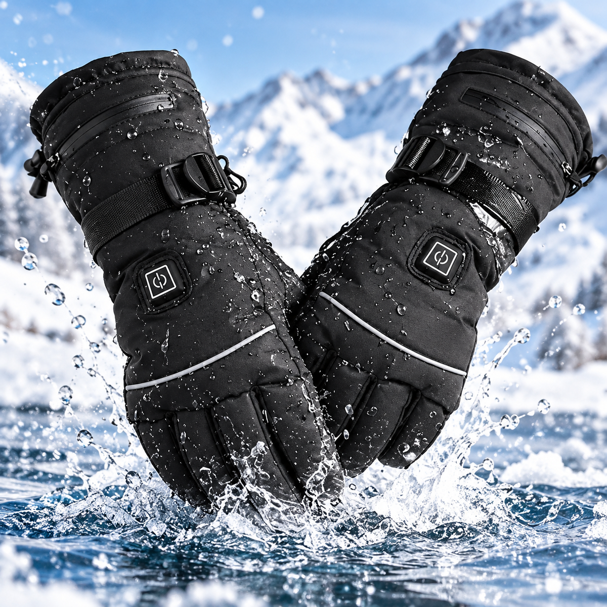 Gants chauffants noirs, démonstration de l'étanchéité