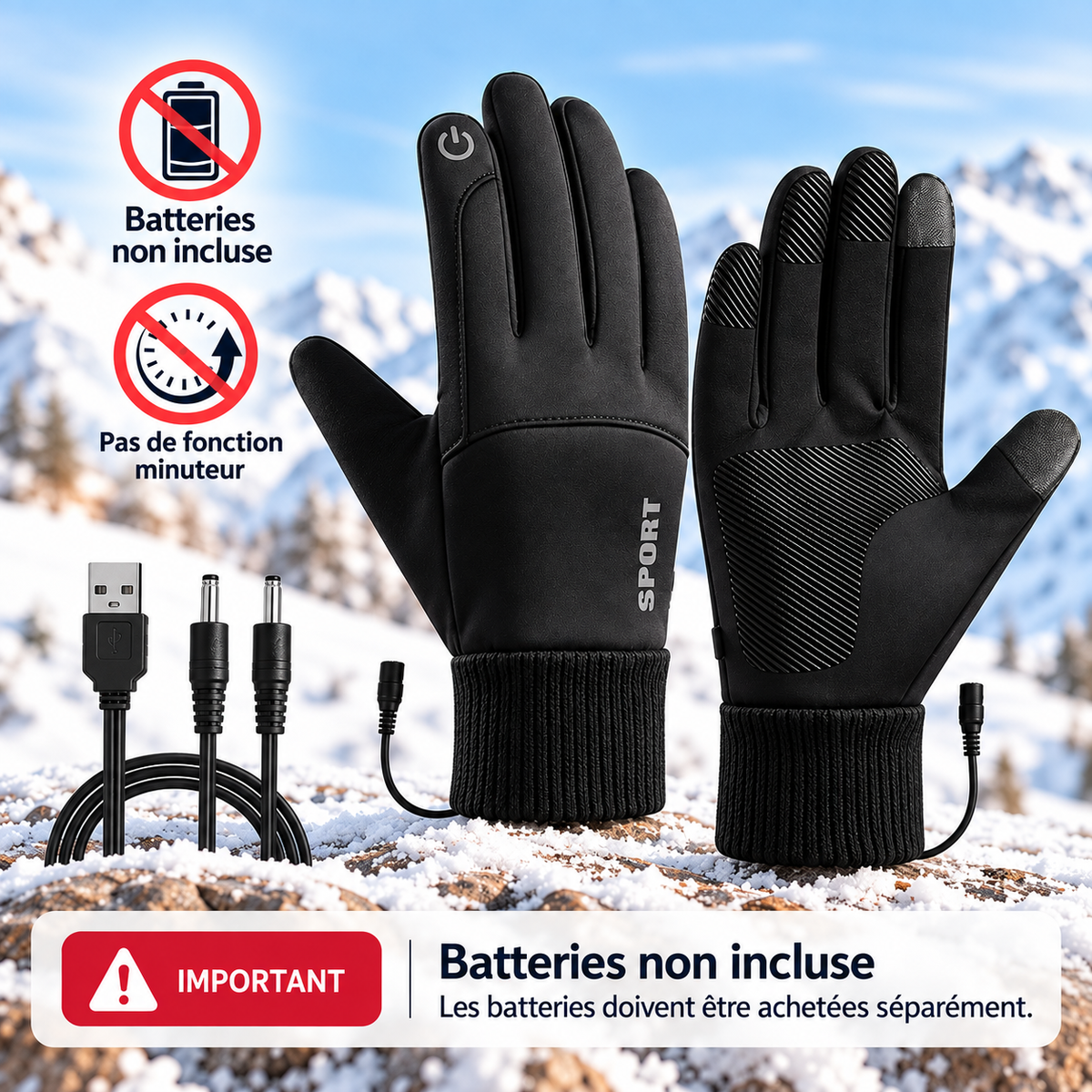 Gants chauffants USB noirs avec câble, batteries non incluses